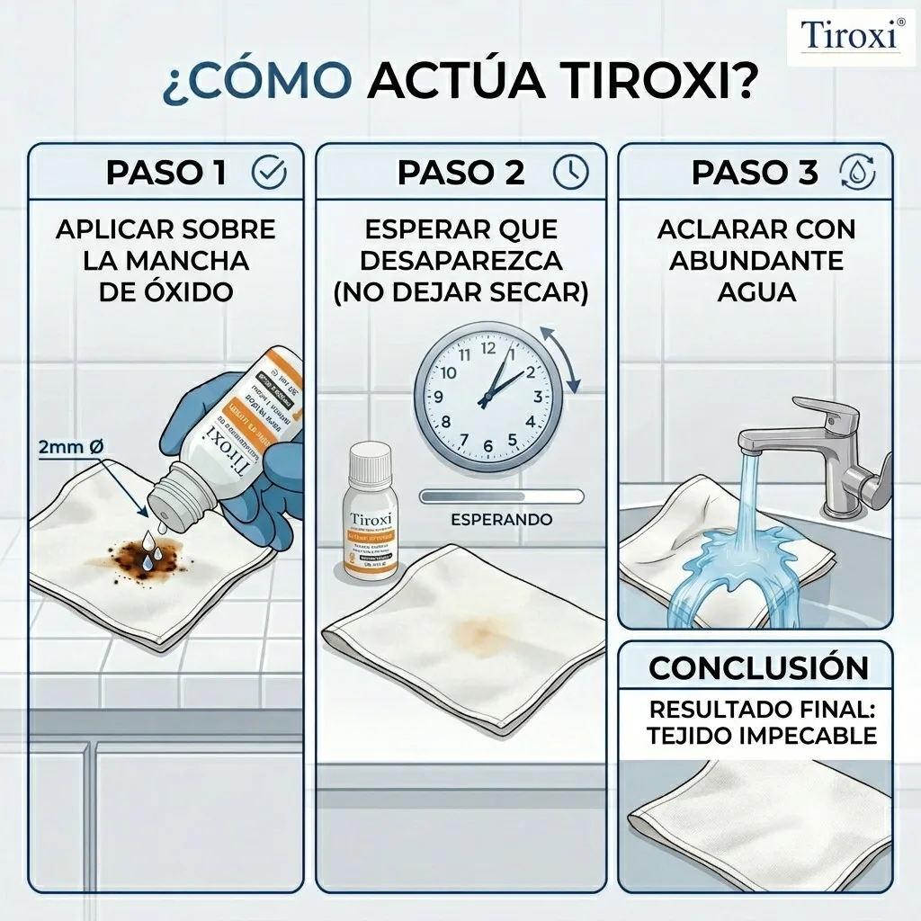 Instrucciones paso a paso para aplicar el quitamanchas de óxido Tiroxi en tejidos