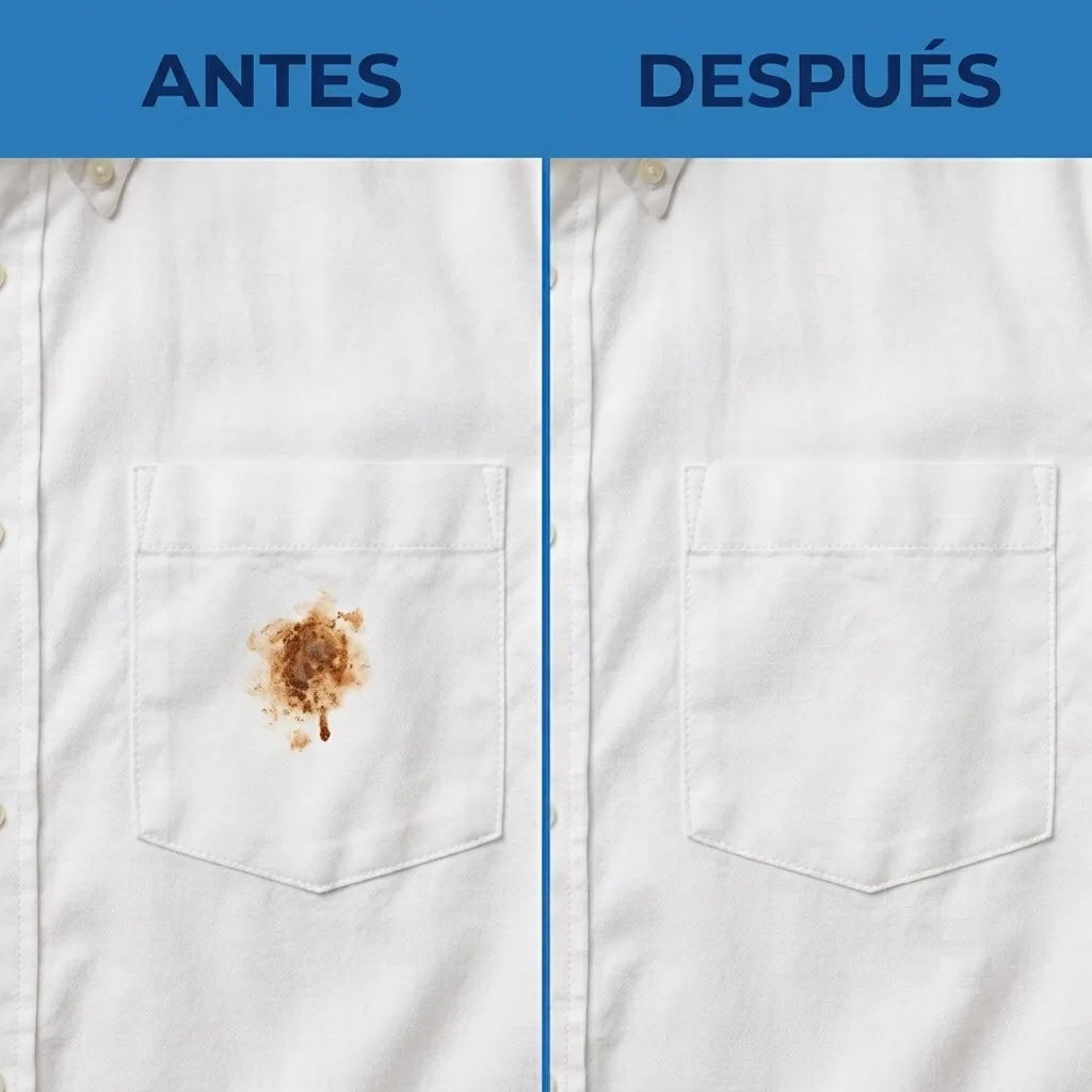 Antes y después de quitar manchas de óxido en camisa blanca con quitamanchas Tiroxi