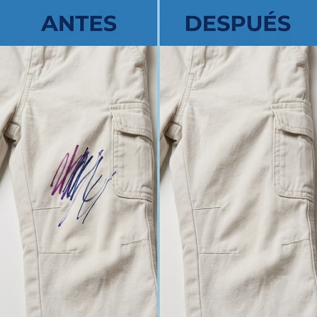 Antes y después de quitar manchas de tinta en pantalón con quitamanchas Tiroxi