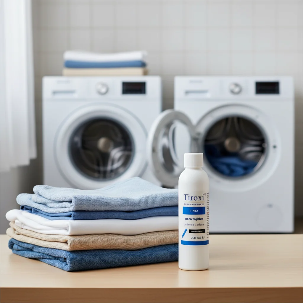 Bote de quitamanchas de tinta Tiroxi 250ml junto a ropa doblada en mesa