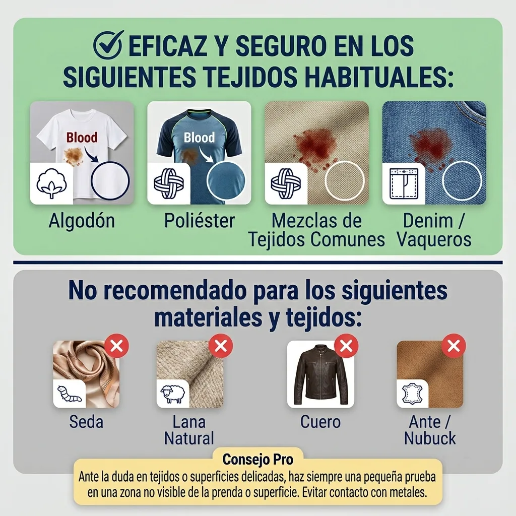 Tejidos compatibles e incompatibles con el quitamanchas de sangre Tiroxi