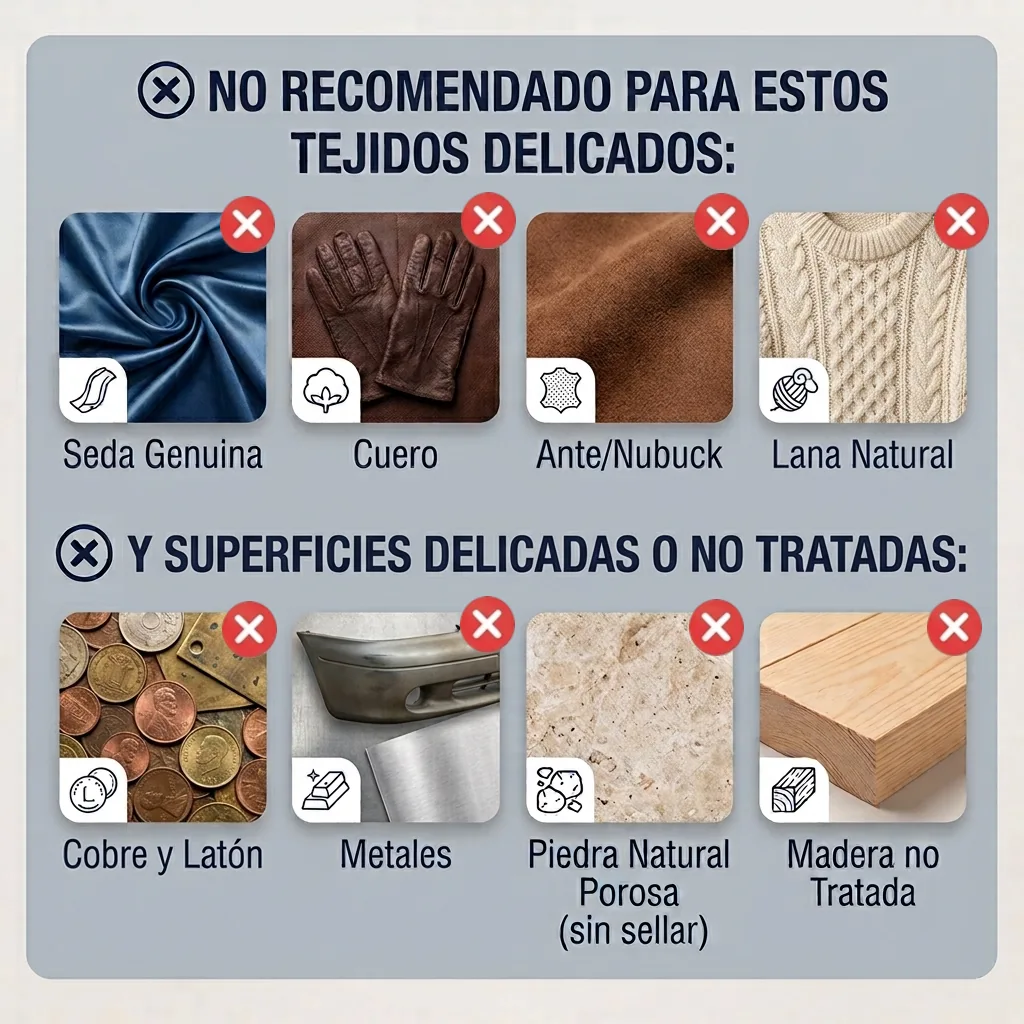 Tejidos y superfícies incompatibles con el quitamanchas de óxido Tiroxi